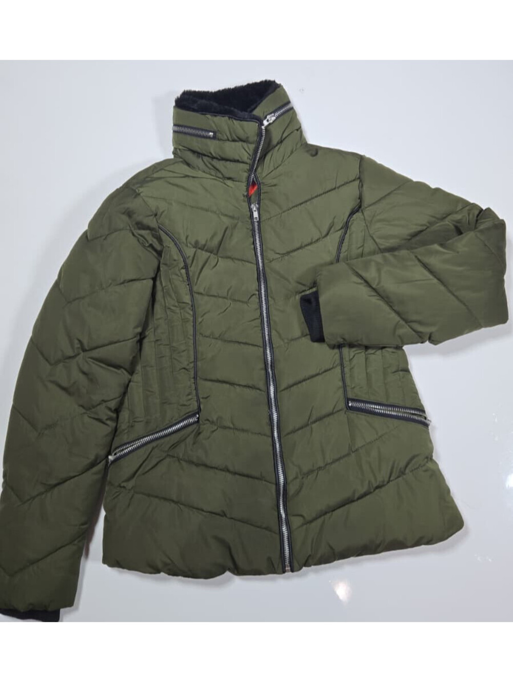 Hot Kiss Olive Puffer Jacket Faux Fur Collar Women's Small